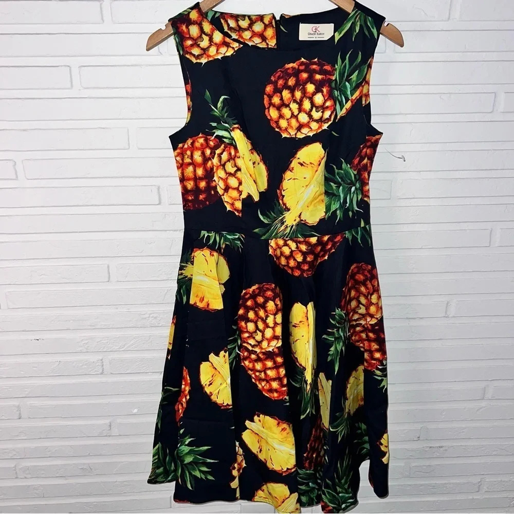 Grace Karin Black with Pineapple Design Swing Dress, Women’s Size Medium